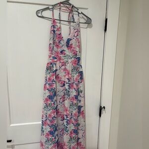 Floral Maxi Dress with Pink and Blue Leaves